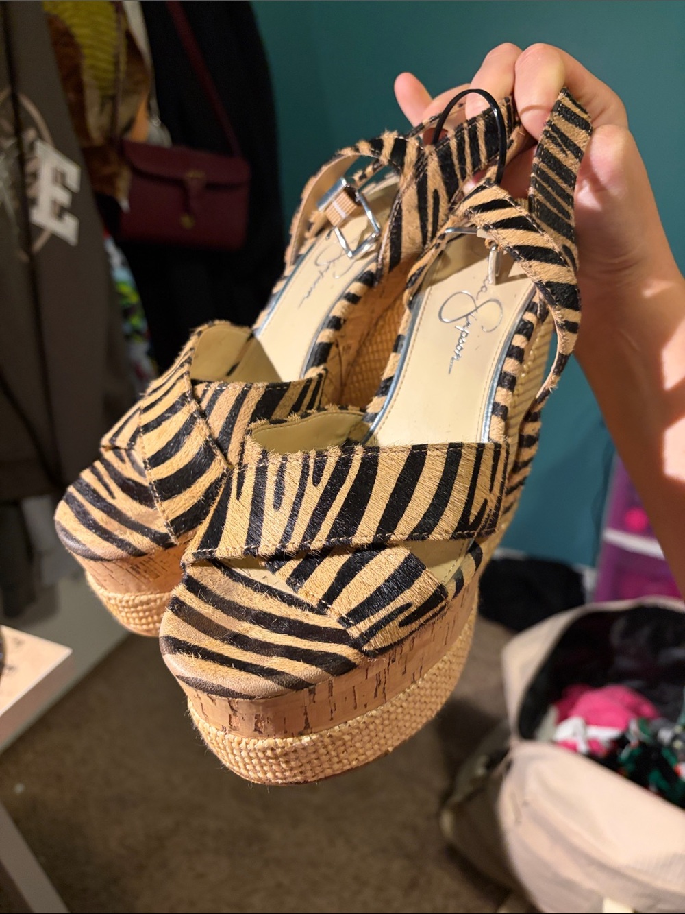 Jessica Simpson Zebra-Print Cork Platform Wedges in Black & Tan